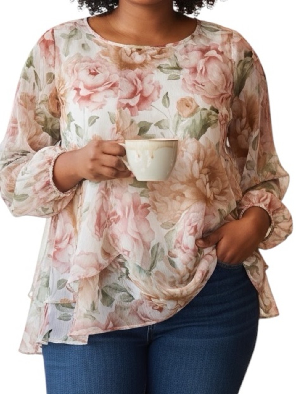 Haver & Blair London NWOT Floral Draped Layered Chiffon Blouse Pink Cream 1X